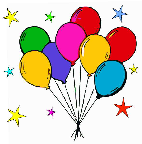 Colorful balloons in red, pink, yellow, blue, green, purple tied together with stars scattered around.