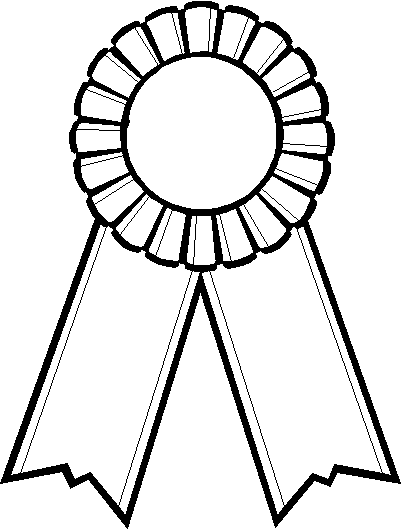 Black-and-white line drawing of a classic rosette award ribbon with central blank circle and two trailing ribbons.