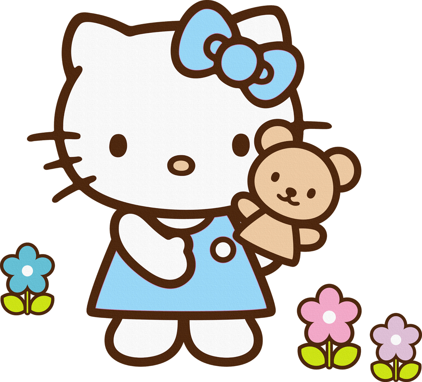 Hello Kitty in a blue dress holding a teddy bear, surrounded by colorful flowers.