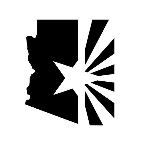 Black silhouette of Arizona state outline with a white star and sunburst rays on the right side.