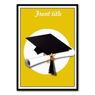 Black graduation cap and rolled diploma with orange tassel on yellow background, framed poster design.