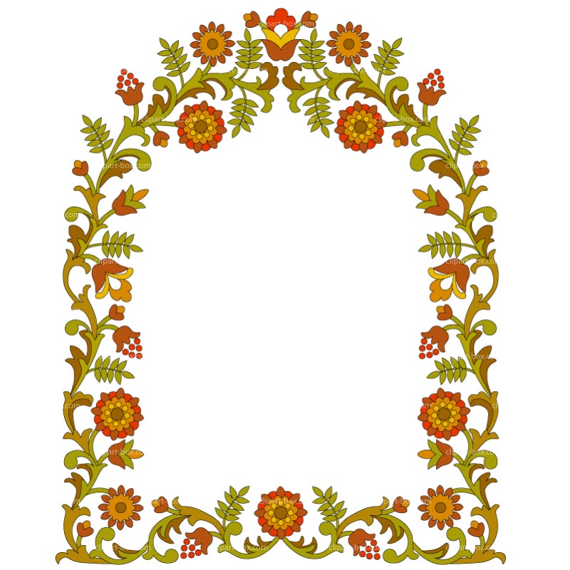 Ornate floral arch frame in vintage orange, green, and brown tones with symmetrical blossoms and leafy vines.