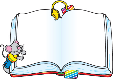 A cartoon mouse in a yellow shirt peeks from behind a large open book with a colorful bookmark and ribbon.