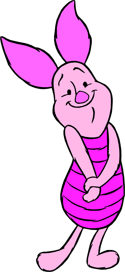 Pink cartoon piglet with large ears, wearing a striped shirt, smiling and clasping hands.