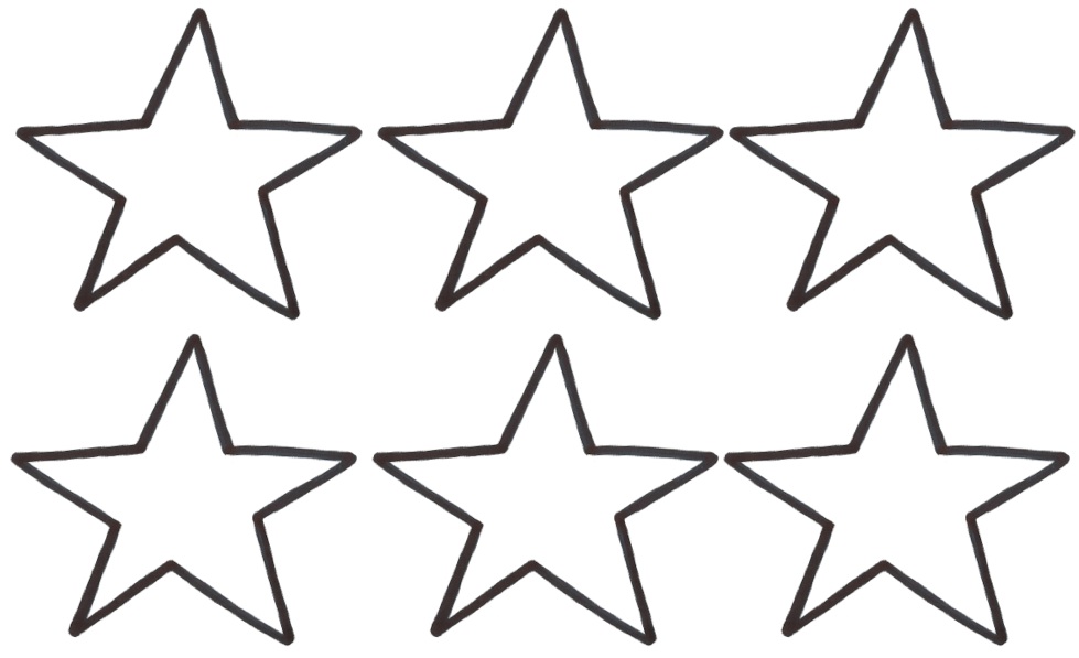 Six hand-drawn black-outline stars arranged in two rows of three on a white background.
