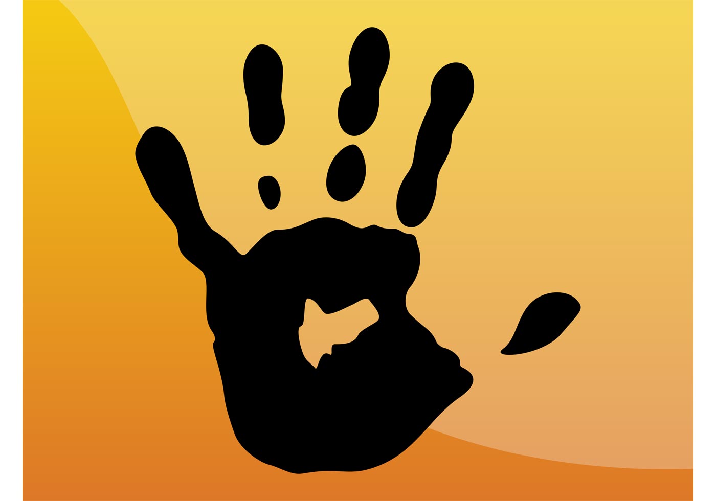 Black handprint with paint drips on warm gradient background, symbolizing creativity or protest.