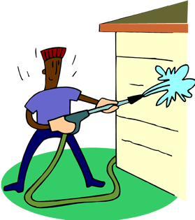 A person using a pressure washer to clean the exterior wall of a house.