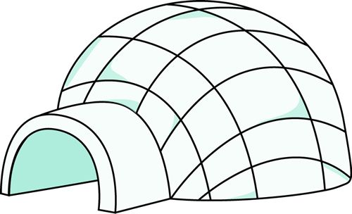 Simple line drawing of a dome-shaped igloo with arched entrance and grid pattern, light blue tinted panels.