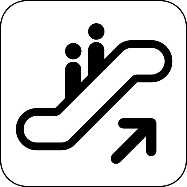 Black-and-white icon showing two people on an upward-moving escalator with a directional arrow.