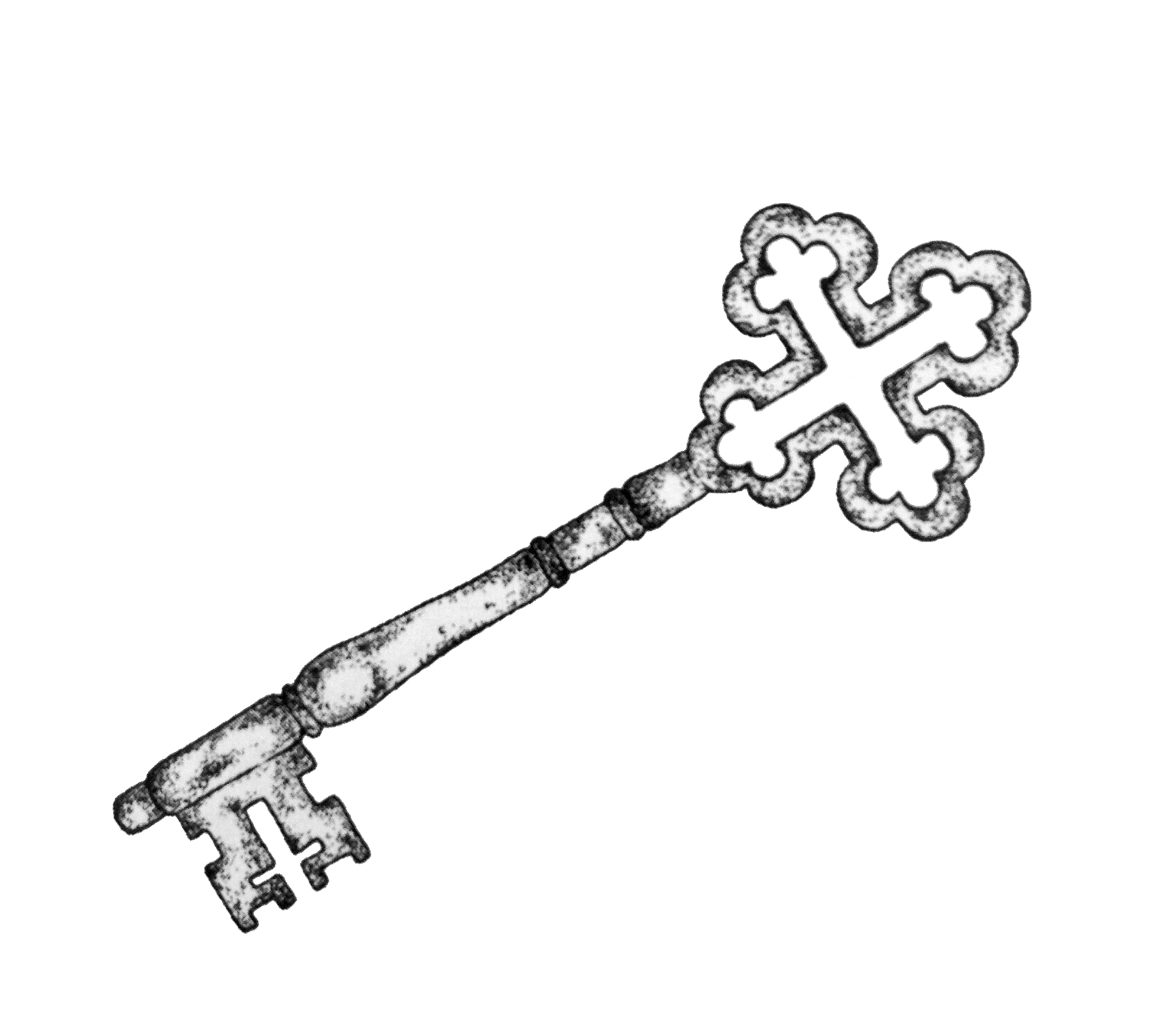 Vintage ornate key with decorative cross-shaped bow and intricate bit, rendered in stippled black-and-white illustration style.