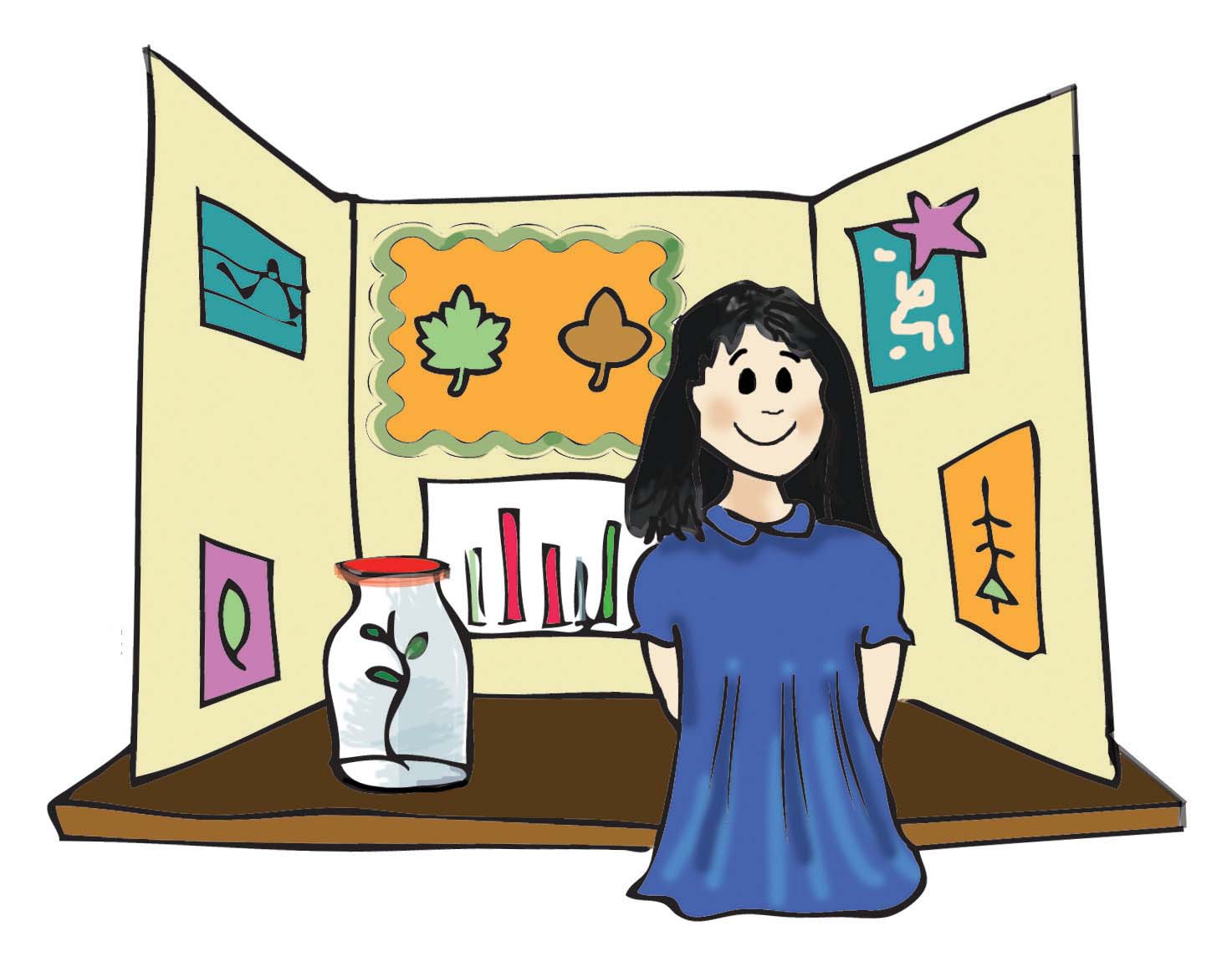 A smiling girl in a blue dress stands beside a science fair tri-fold display with leaf diagrams, a plant in a jar, and bar charts.