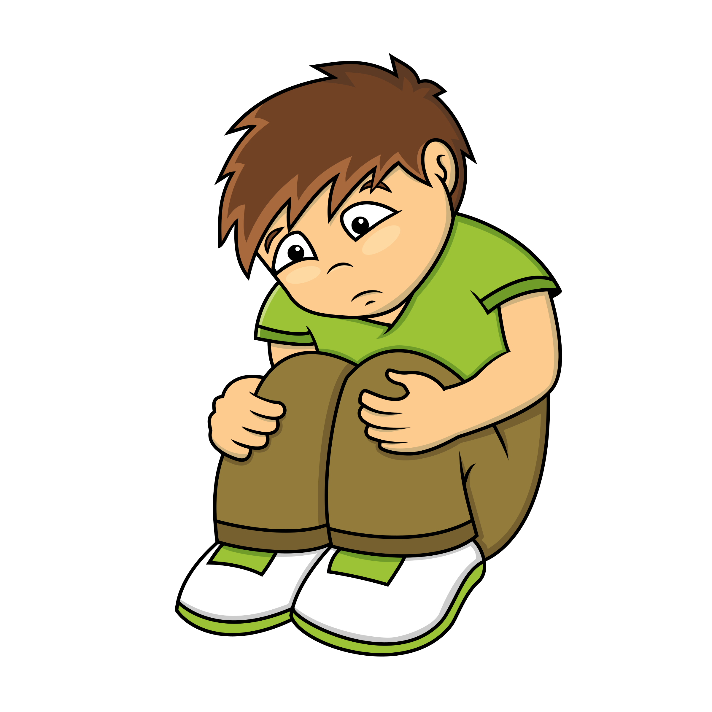 A cartoon boy with brown hair, wearing a green shirt and brown shorts, crouches nervously while hugging his knees.