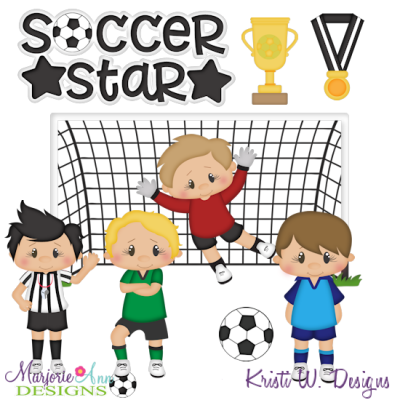 Cartoon illustration of four children playing soccer with a goalie, ball, net, trophy, and medal; "Soccer Star" title above.