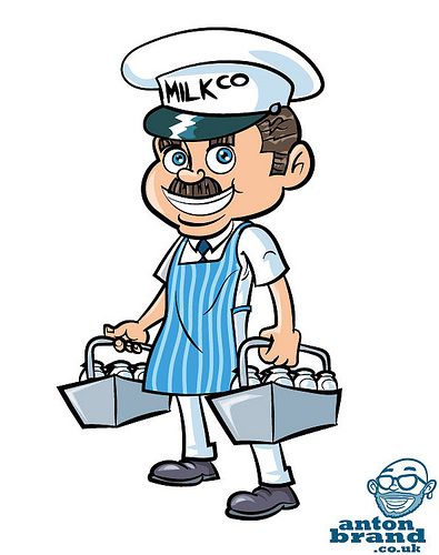 Cheerful cartoon milkman in striped apron and "MILK CO" cap, carrying two metal milk crates.