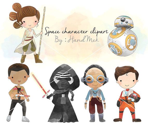 Cute watercolor-style Star Wars character clipart including Rey, BB-8, Finn, Kylo Ren, Maz Kanata, and Poe Dameron by HandMek.