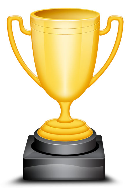 Golden trophy cup with two handles on a black pedestal, symbolizing victory or achievement.