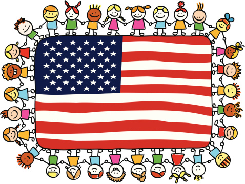 Diverse cartoon children holding hands around a large U.S. flag, symbolizing unity and patriotism.