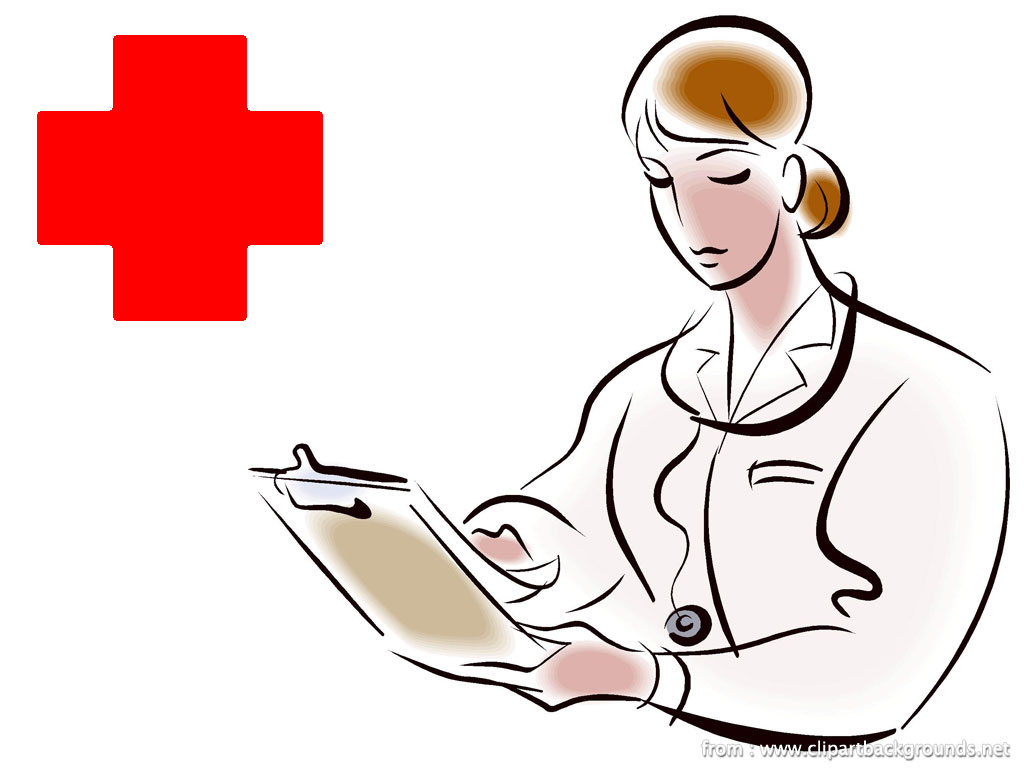 Female healthcare professional reviewing medical chart with red cross symbol.