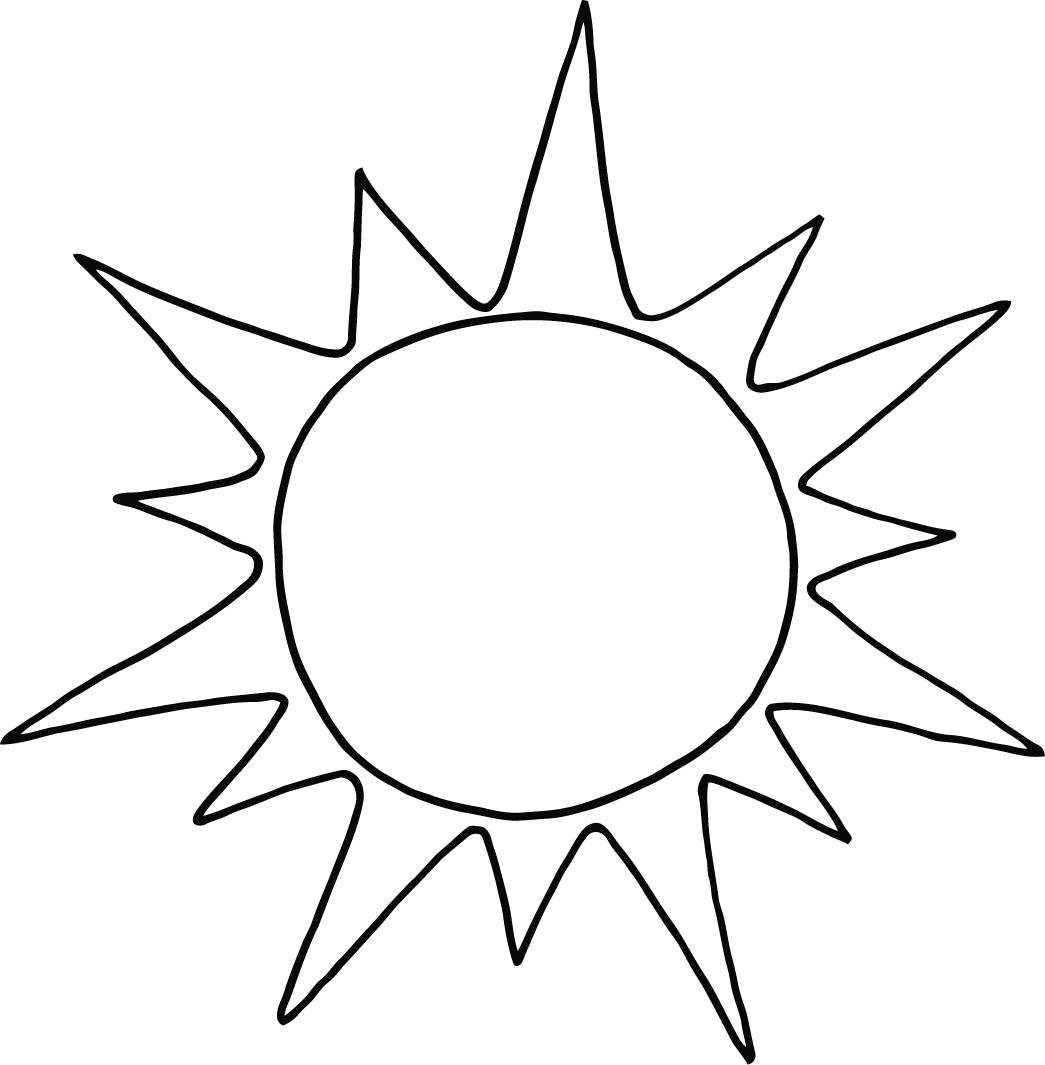 Simple black-and-white line drawing of a sun with jagged rays radiating from a central circle.