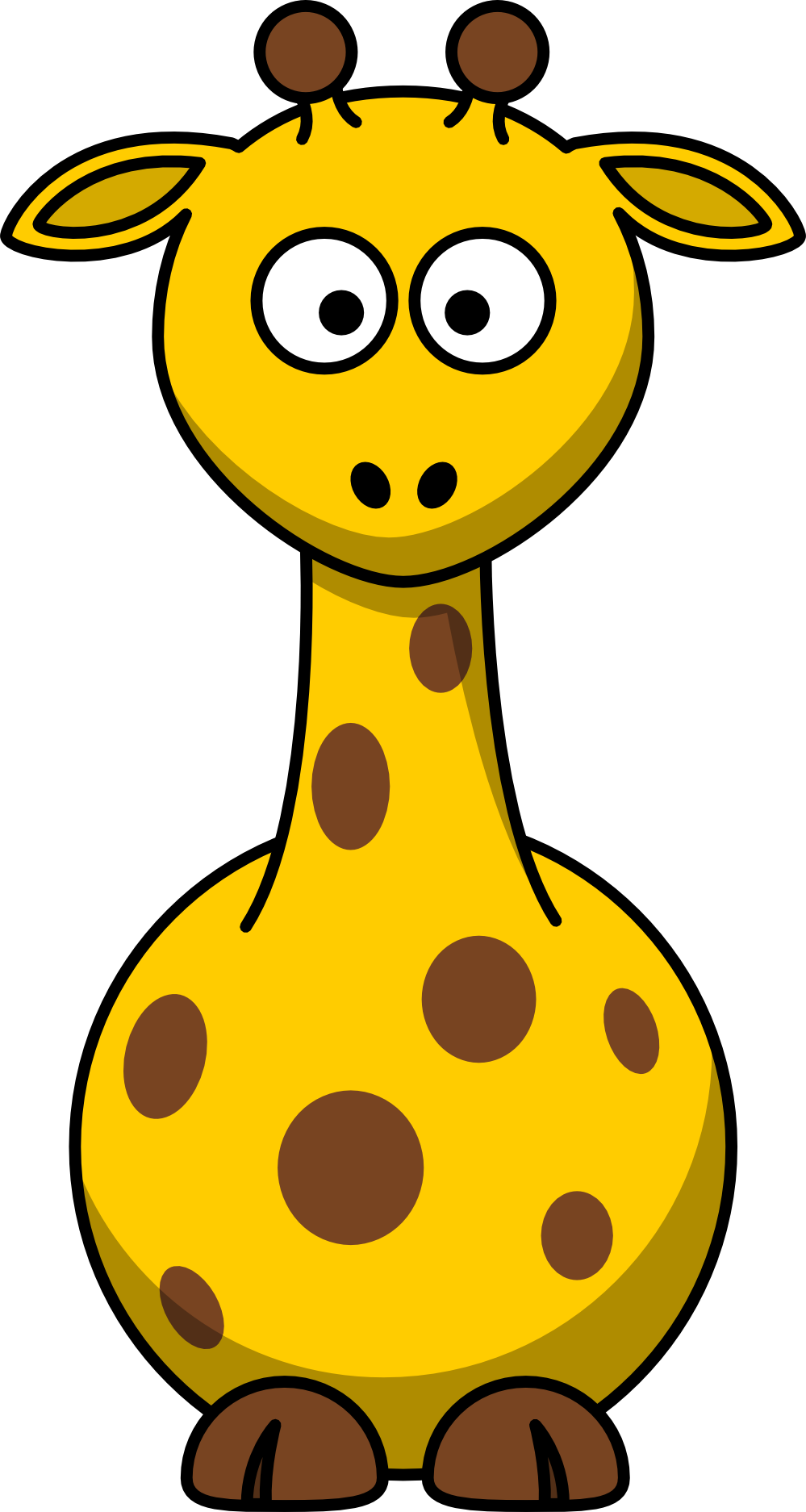 Cartoon giraffe with yellow body, brown spots, large eyes, and ossicones, sitting upright.