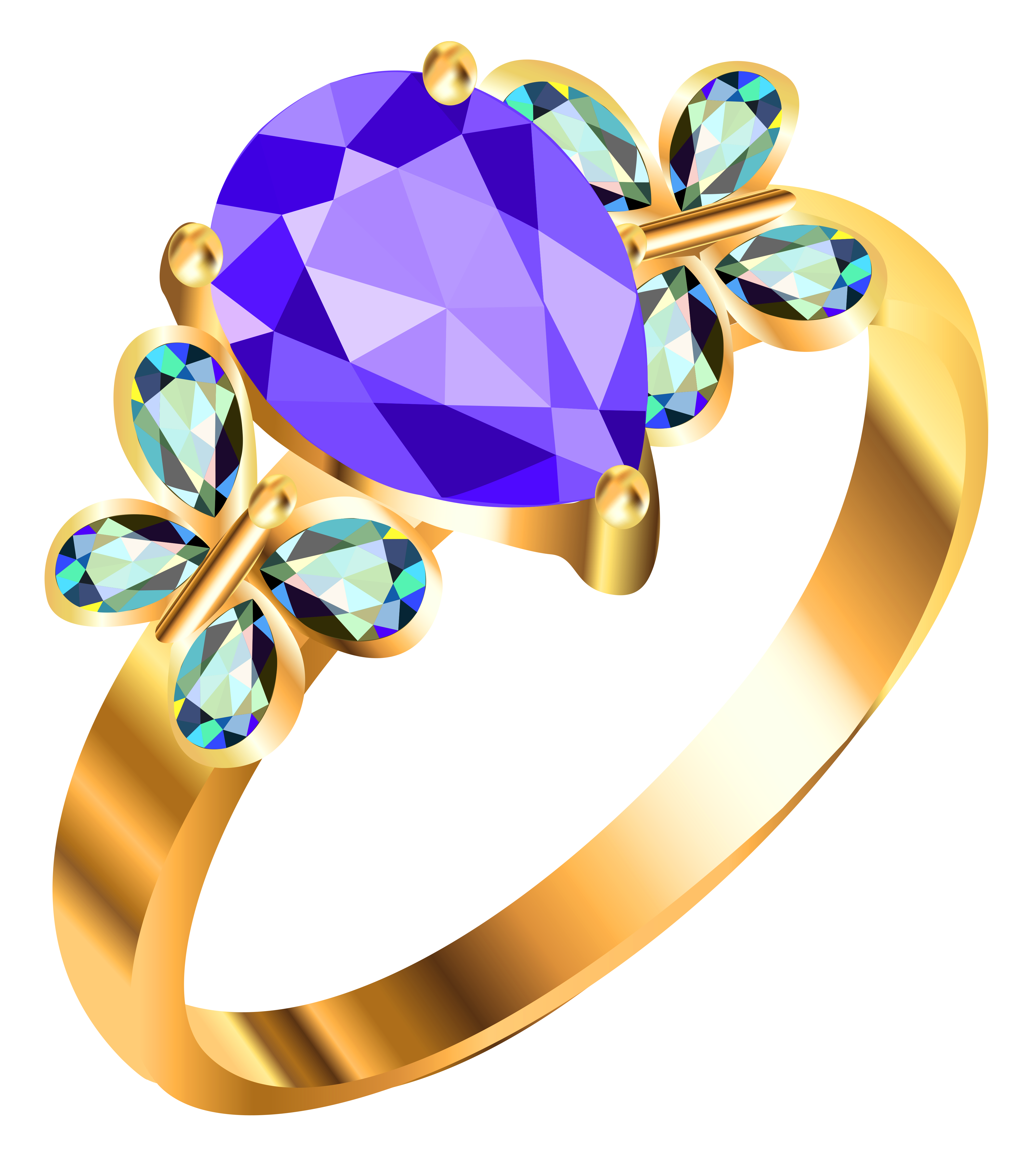 Gold ring with large purple gemstone and colorful butterfly-wing accents in gold prongs.