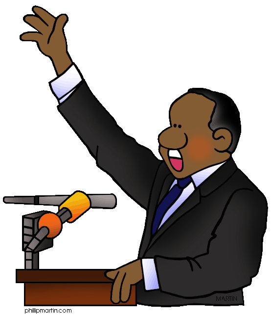 A cartoon man in a suit giving an enthusiastic speech at a podium with microphones, raising one hand.