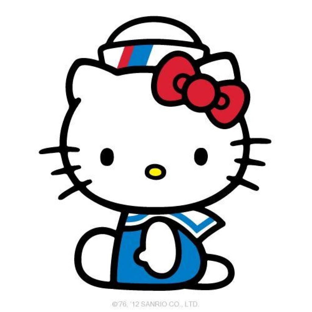 Hello Kitty in a sailor outfit with red bow and striped hat, sitting front-facing.
