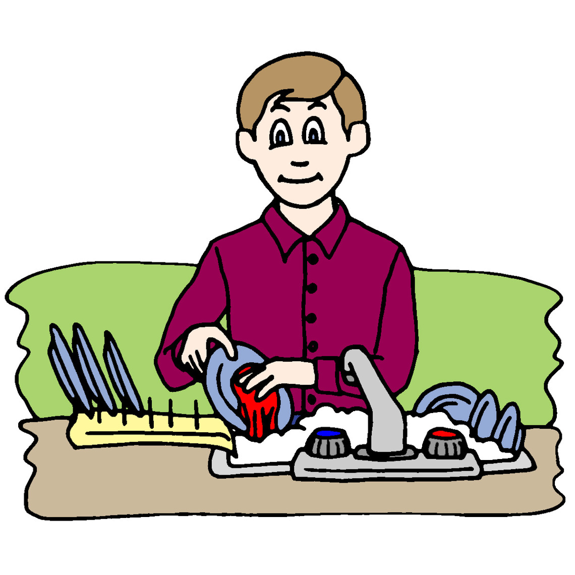 A smiling person in a maroon shirt washing dishes at a sink with soapy water and a dish rack nearby.
