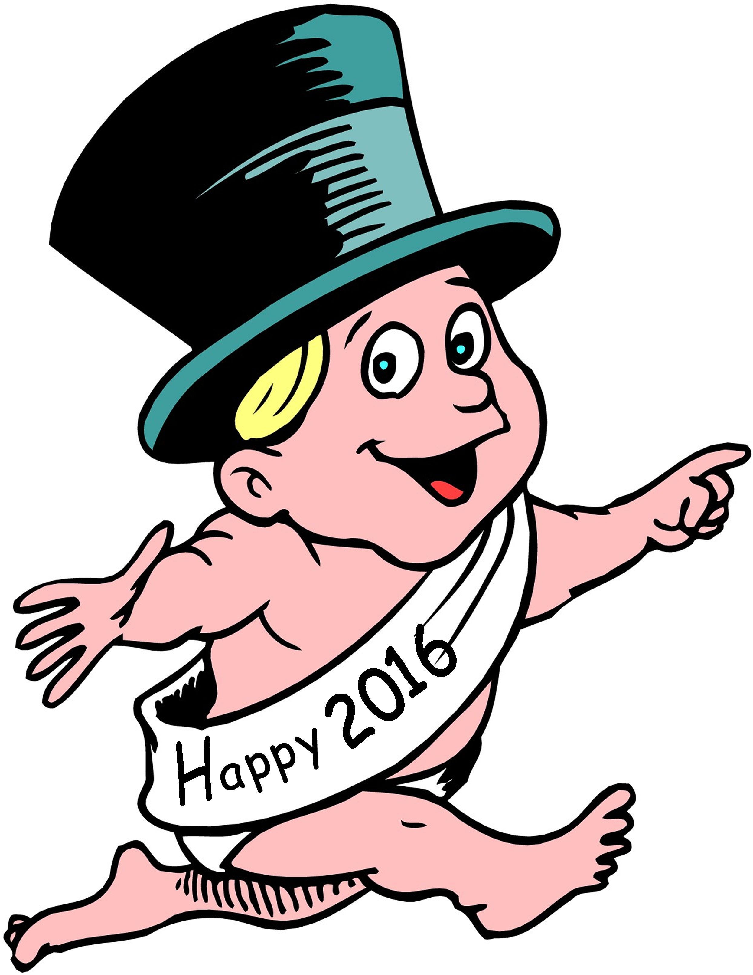 Cheerful cartoon baby in top hat and sash reading "Happy 2016", pointing forward joyfully.