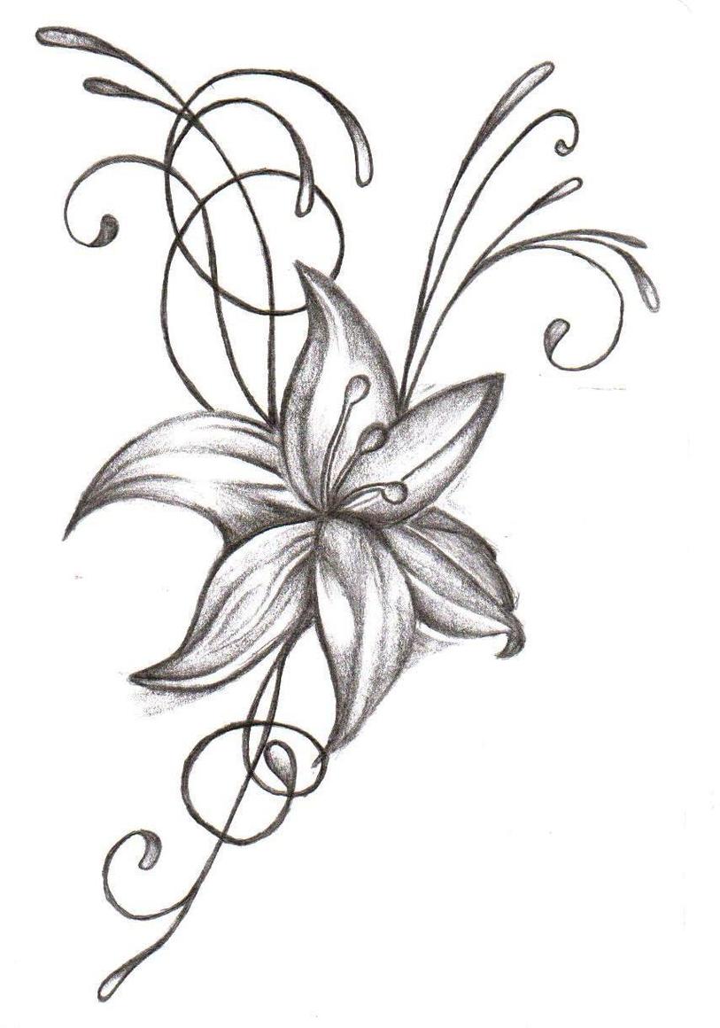 Pencil sketch of a lily with ornate swirling flourishes, shaded for depth and elegance.