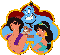 Aladdin, Jasmine, Abu the monkey, and the Genie from Disney’s Aladdin in a decorative floral frame.