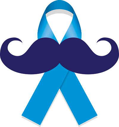 Blue awareness ribbon with a dark blue mustache symbolizing men's health advocacy.