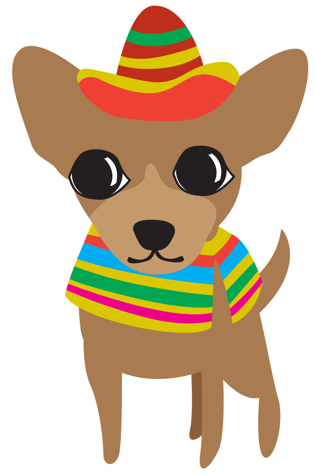 A cartoon chihuahua wearing a colorful striped sombrero and matching scarf.