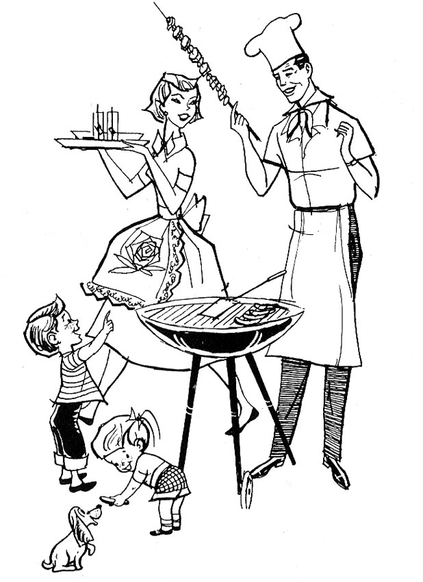 Vintage 1950s family barbecue scene: chef grilling, woman serving drinks, two children and a dog nearby.