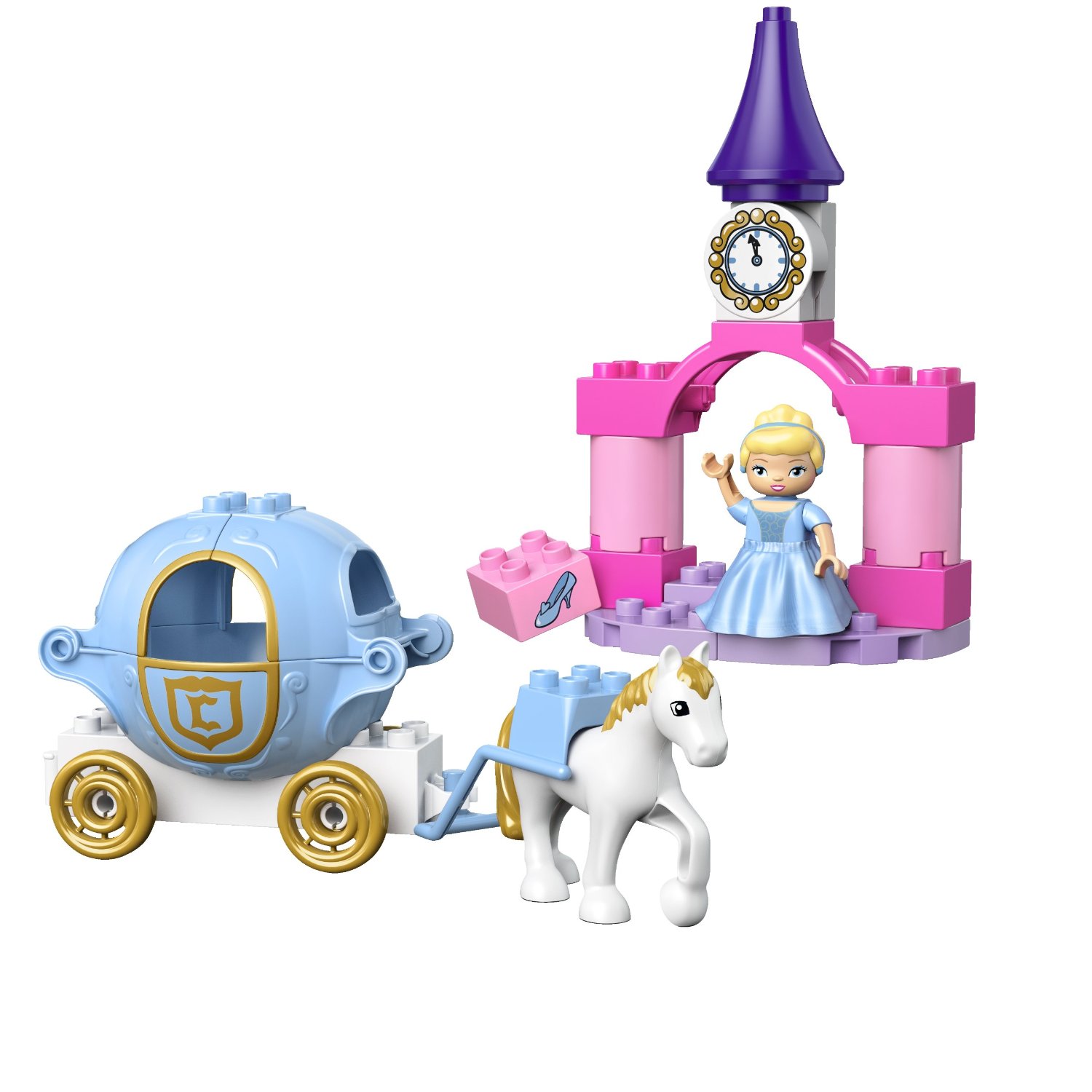 LEGO DUPLO Cinderella carriage, horse, and castle clock tower with figurine and glass slipper block.