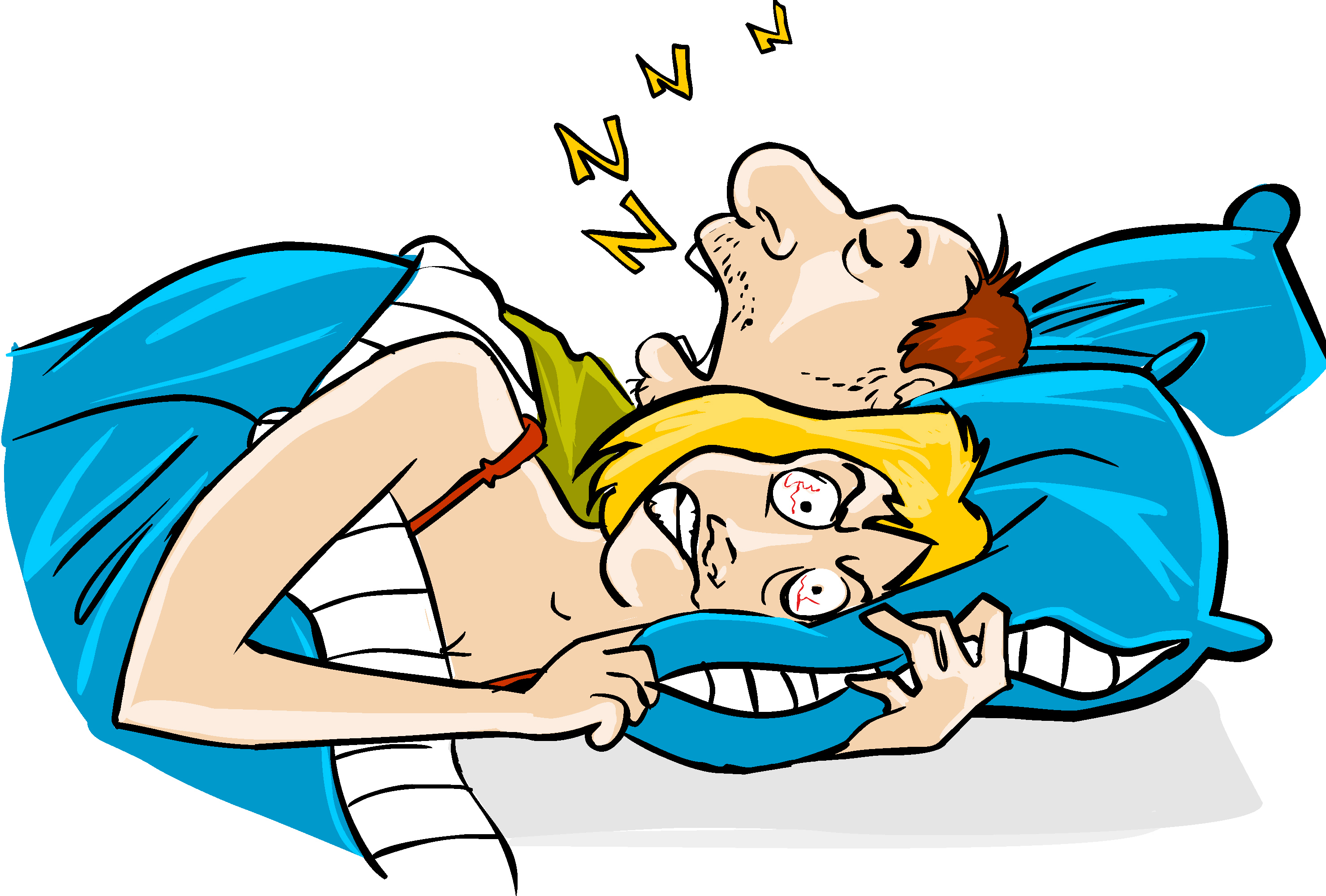 A cartoon woman with bloodshot eyes clutches a pillow while a man snores loudly beside her in bed.