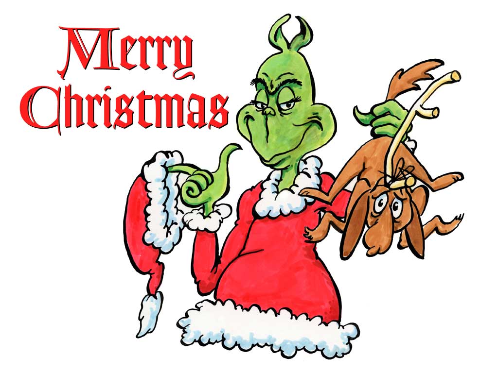 The Grinch in a Santa suit holding a hat and Max the dog with antlers, with "Merry Christmas" text.