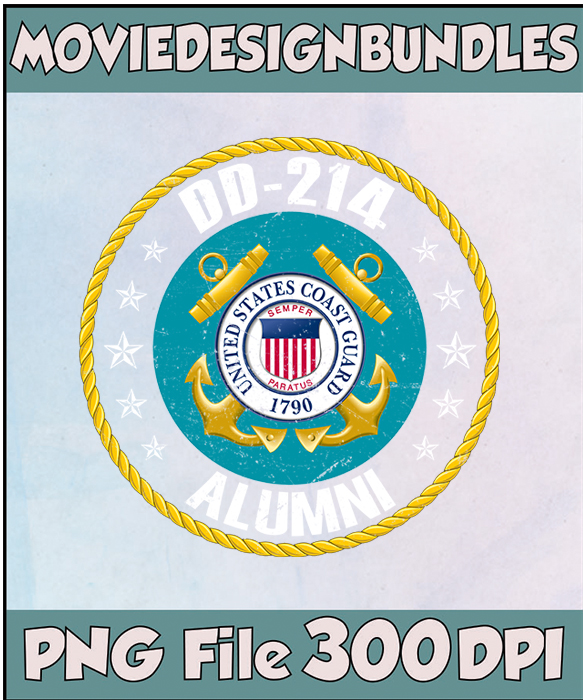 U.S. Coast Guard DD-214 Alumni emblem with rope border, anchors, cannons, and 300 DPI PNG file info.