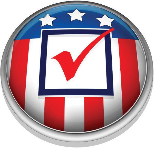 American flag-themed button with a red checkmark in a ballot box, symbolizing voting or election confirmation.