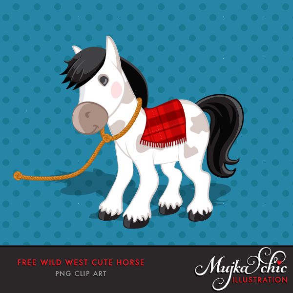 Cute cartoon white horse with black mane and tail, wearing red plaid blanket and rope halter, on blue polka-dot background.