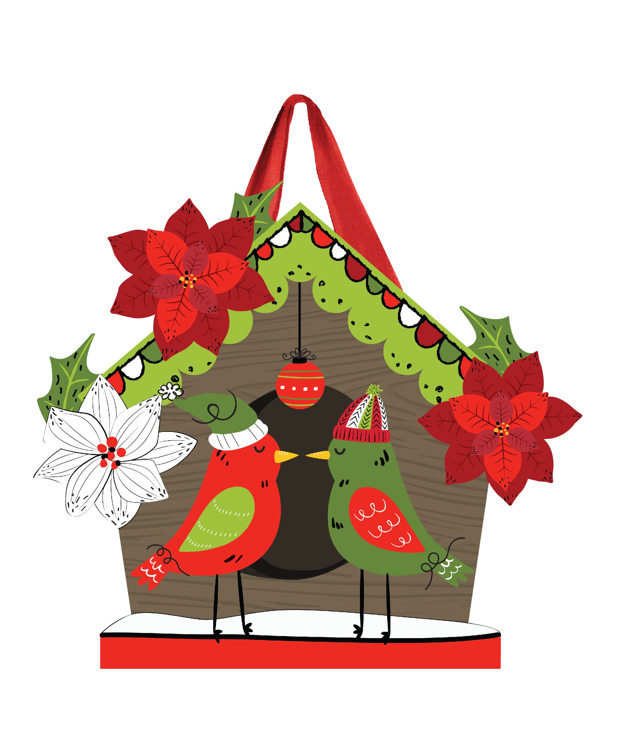 Festive birdhouse ornament with two birds in winter hats, poinsettias, holly, and a hanging Christmas ball.