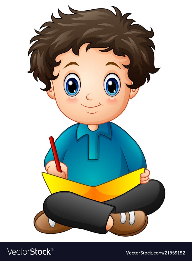 Cartoon boy with curly brown hair, blue eyes, sitting cross-legged, writing in a yellow notebook with a red pencil.