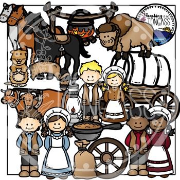 Pioneer family, covered wagon, oxen, horses, and frontier supplies in colorful clipart style.