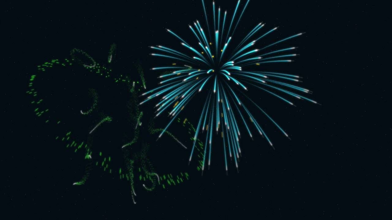 Vibrant Fireworks Display - Blue Burst and Green Sparkler Trails in Night Sky