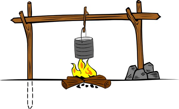 A rustic wooden tripod holds a metal pot over a campfire, with stones and logs nearby for outdoor cooking.