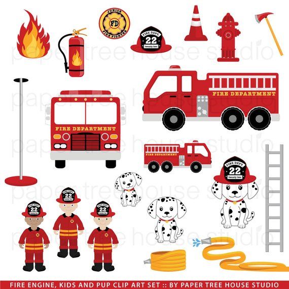 Fire Engine, Kids & Pup Clip Art Set - Printable Firefighter Graphics