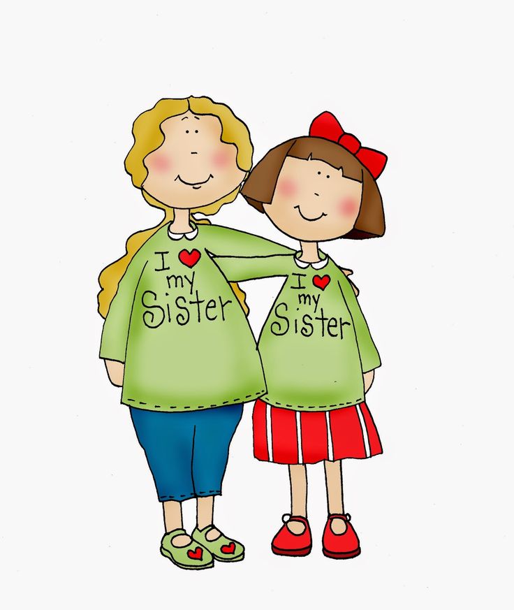 Two smiling sisters wearing matching green "I ♥ my Sister" shirts, one with blonde hair and blue pants, the other with brown hair, red bow, and skirt.
