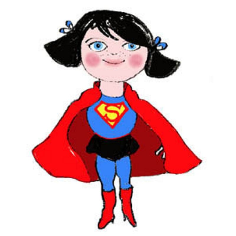 Chibi-style girl in Supergirl costume with red cape, blue suit, and pigtails smiling confidently.