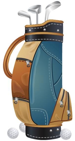 Stylish golf bag with clubs and balls, featuring tan and blue fabric with zippers and stitching details.