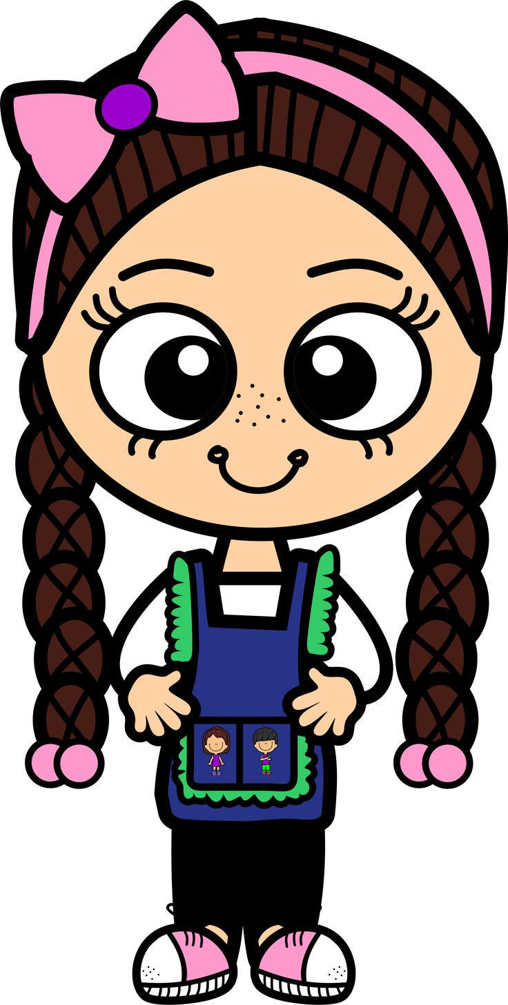 Cartoon girl with braids, pink bow, and blue apron holding two small character icons.